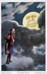 Der Mond droht, das Mädchen zu essen, das versucht, ihre Brüder zu retten, Illustration aus Die sieben Raben von den Brüdern Grimm
